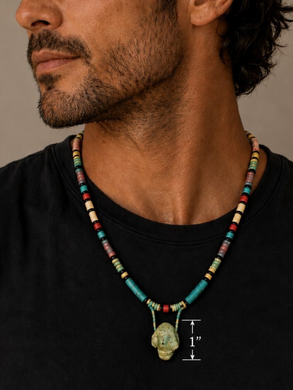 Vtg Rainbow Tribal African Jade Skull Rope Apocalyptic Festival Necklace